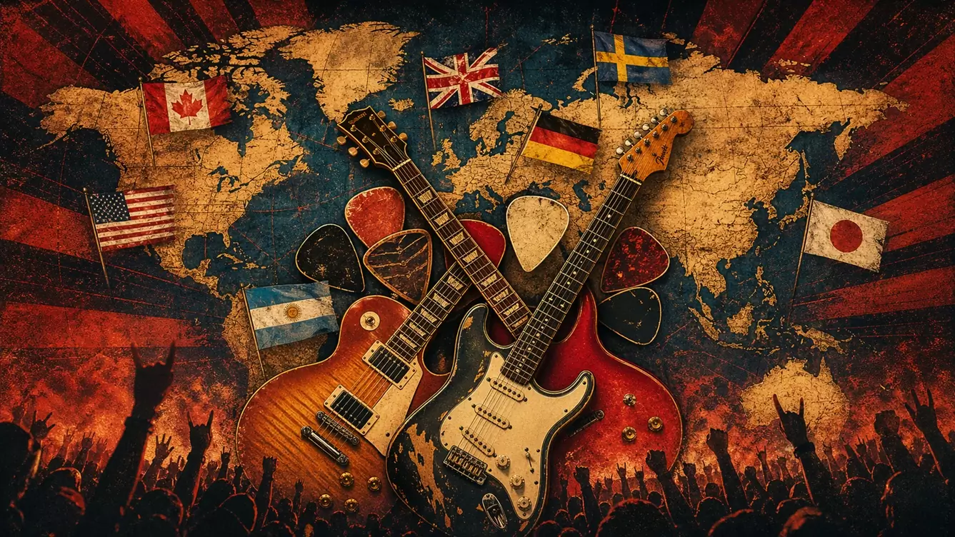  World map and rock instruments representing rock bands by country